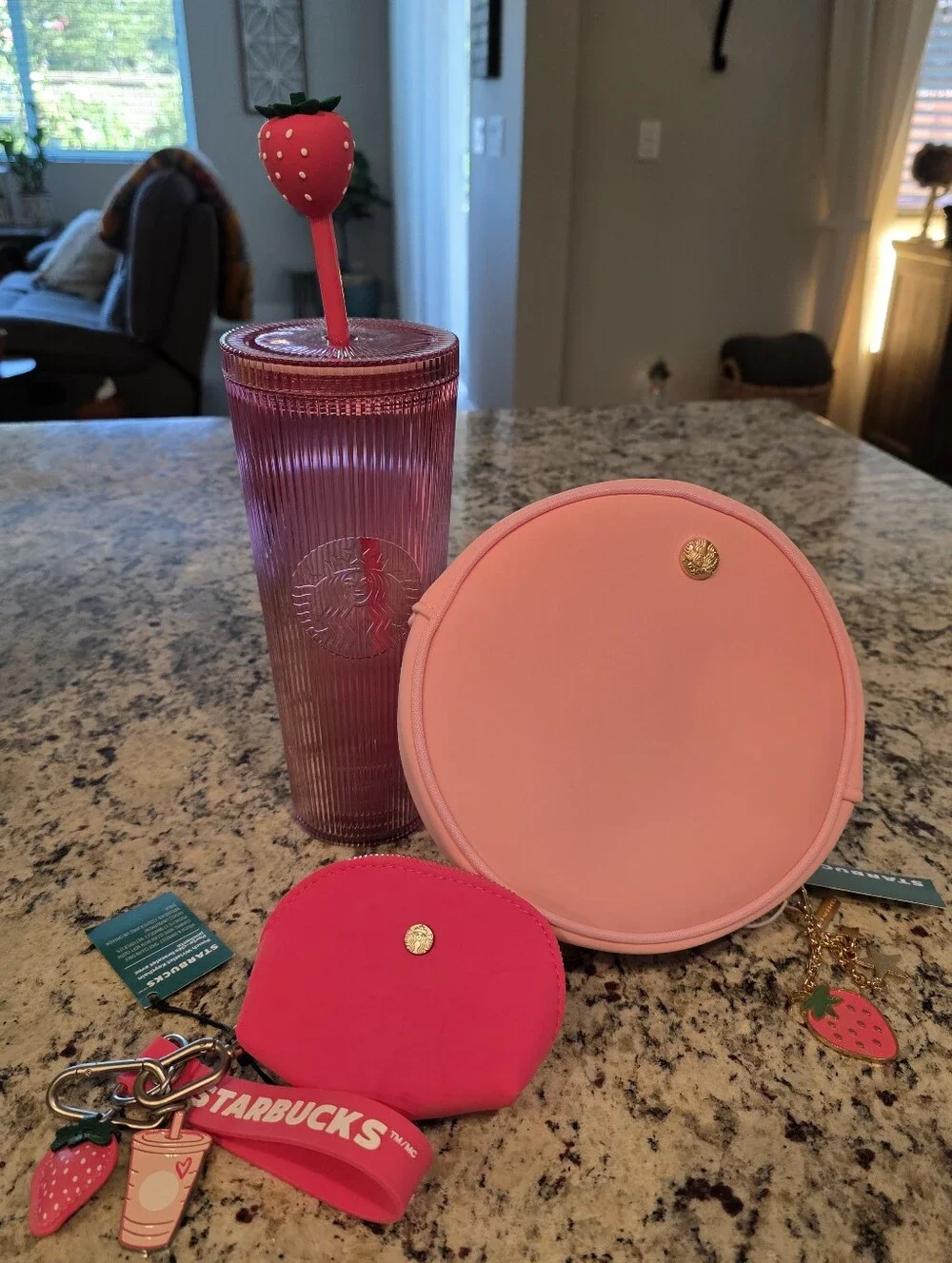 Starbucks Pink Ribbed Tumbler with Pink Accessory Set